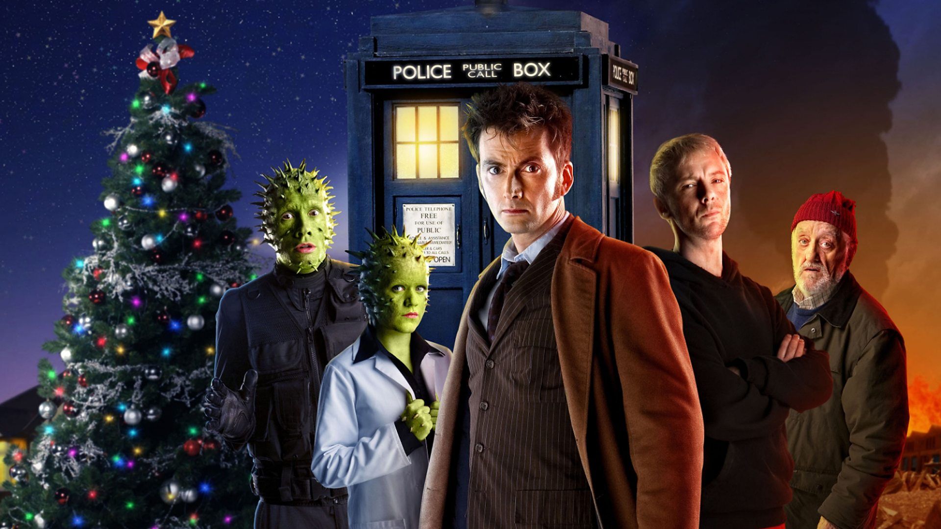 David Tennant as the Doctor, John Simm as the Master, alongside two Vinvocci and Wilfred Mott from sci-fi TV show Doctor Who