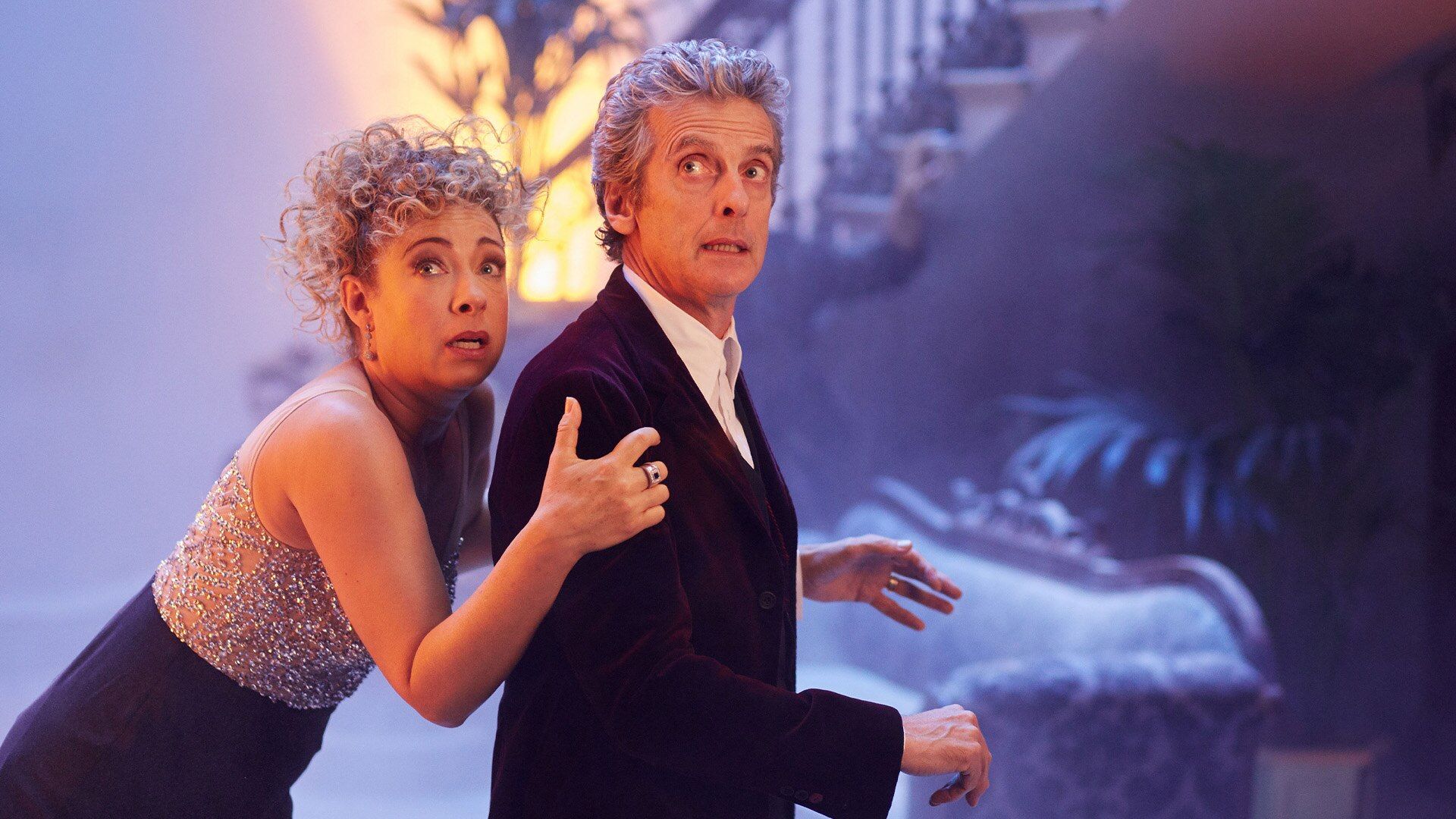 Peter Capaldi as the Doctor and Alex Kingston as River Song in sci-fi TV series Doctor Who