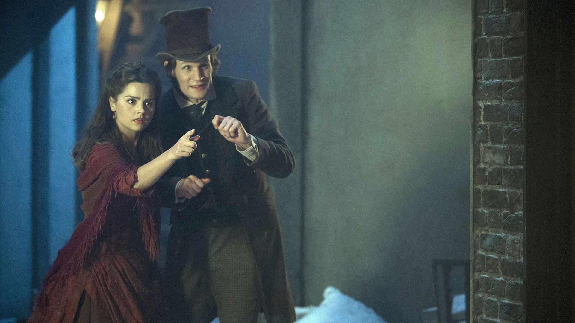 Matt Smith as the Doctor and Jenna Coleman as Clara in sci-fi TV series Doctor Who