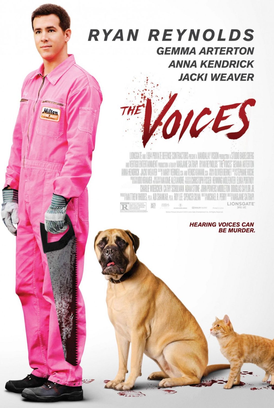 The Voices 2014 movie poster with Ryan Reynolds