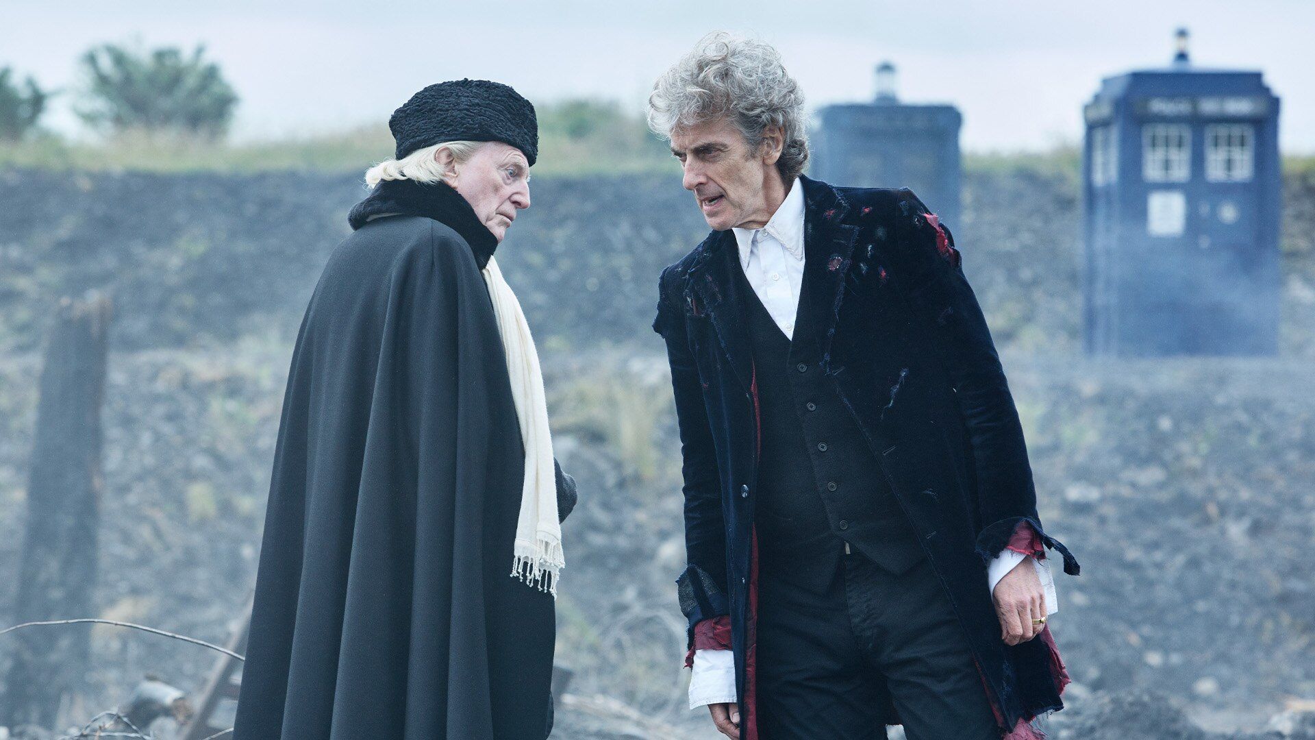 David Bradley as the First Doctor and Peter Capaldi as the Twelfth Doctor in sci-fi TV series Doctor Who