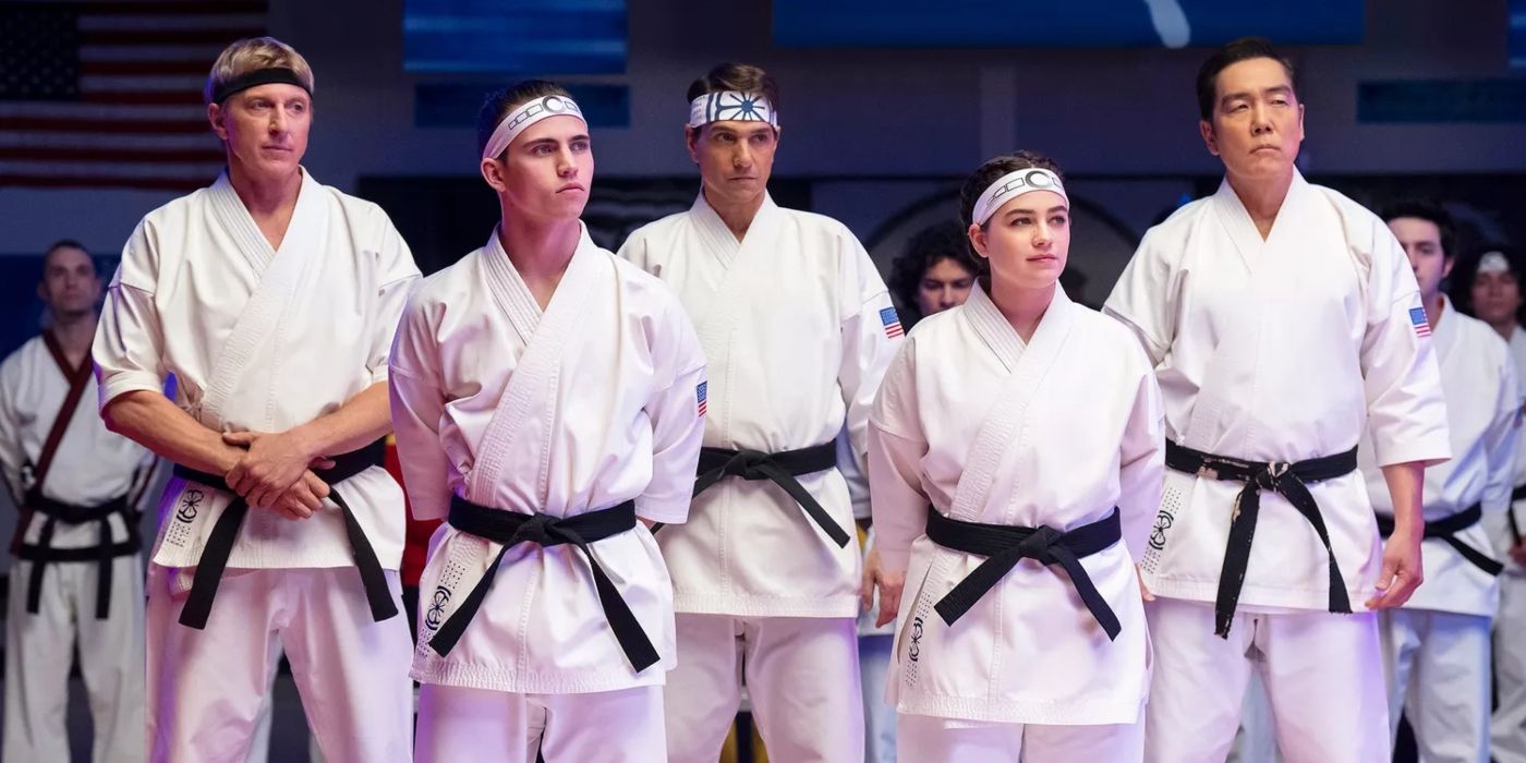 William Zabka, Tanner Buchanan, Ralph Macchio, Mary Mouser, and Yuji Okumoto on Cobra Kai