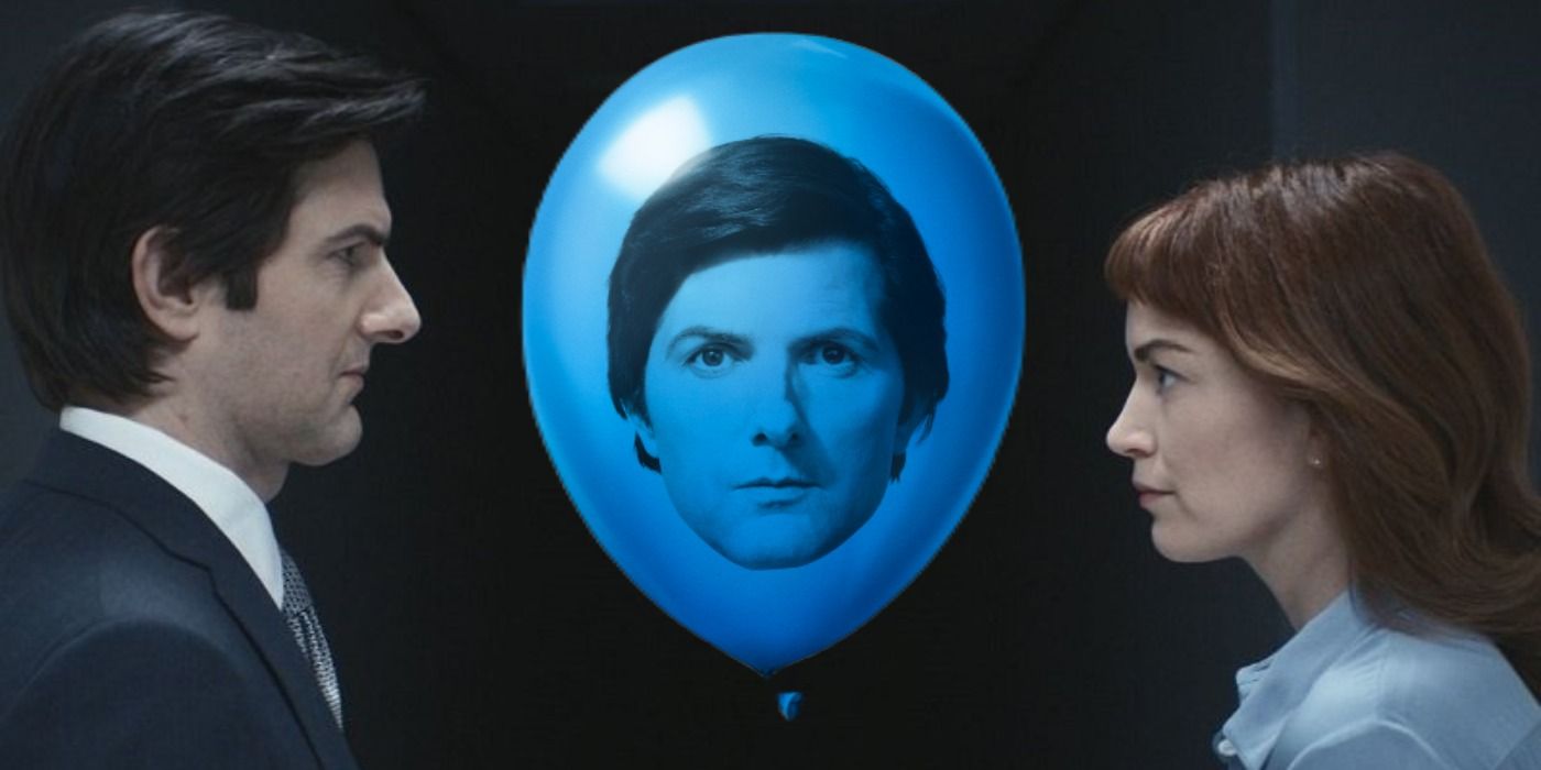 Adam Scott as Mark and Britt Lower as Helly with a blue balloon between them in the Apple TV show Severance