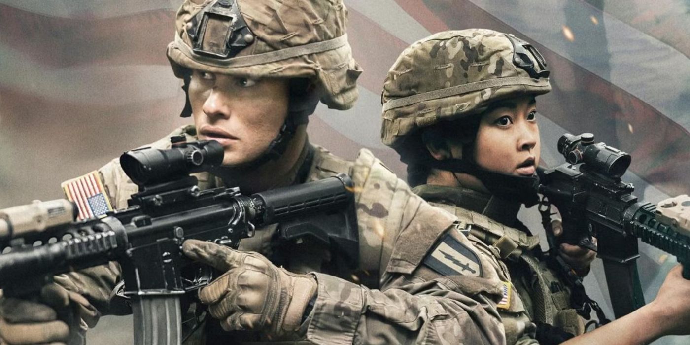 Chase Stokes and Lana Condor wearing military uniforms holding weapons in Valiant One