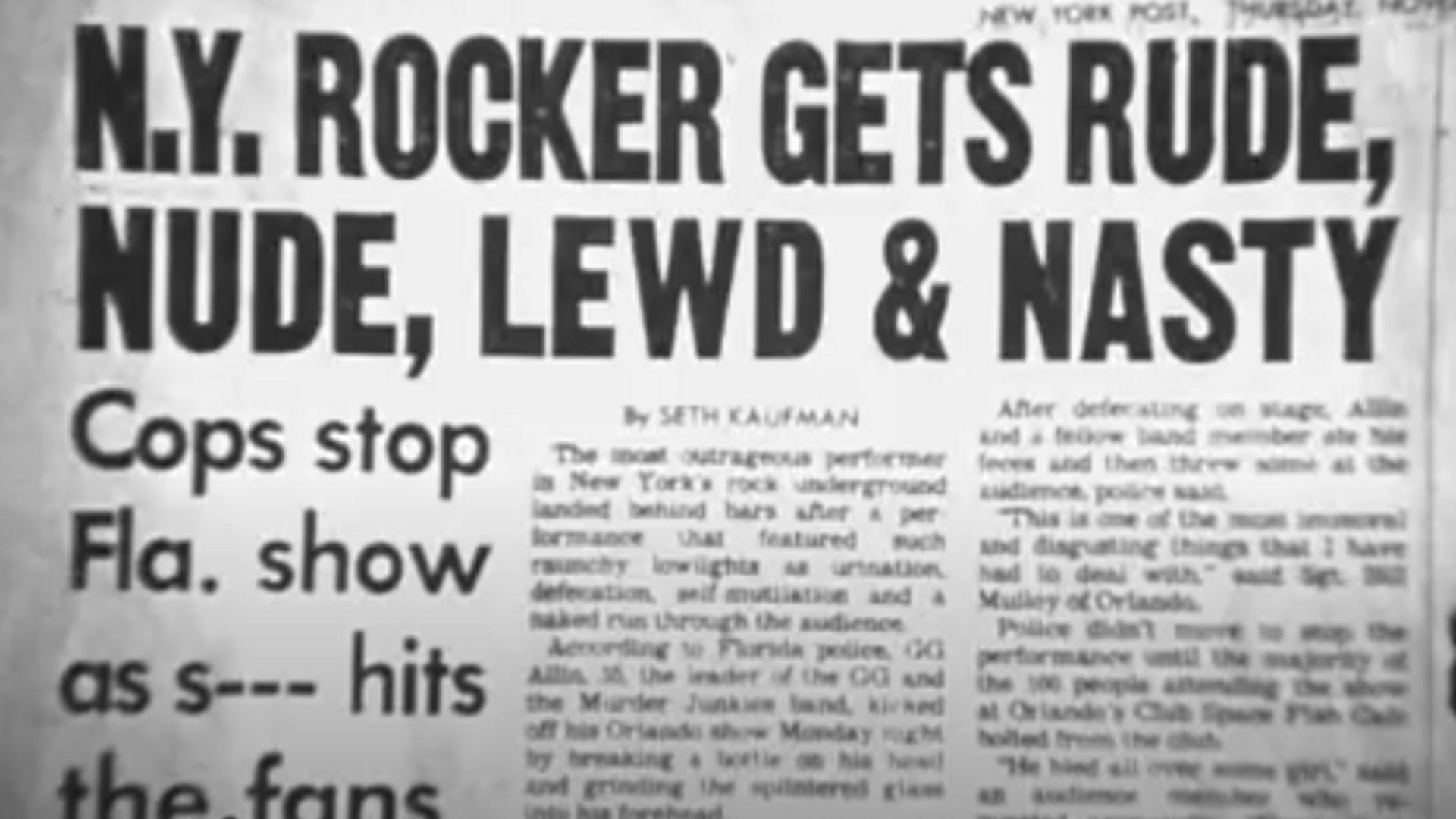 Newspaper headline in Hated GG Allin & the Murder Junkies