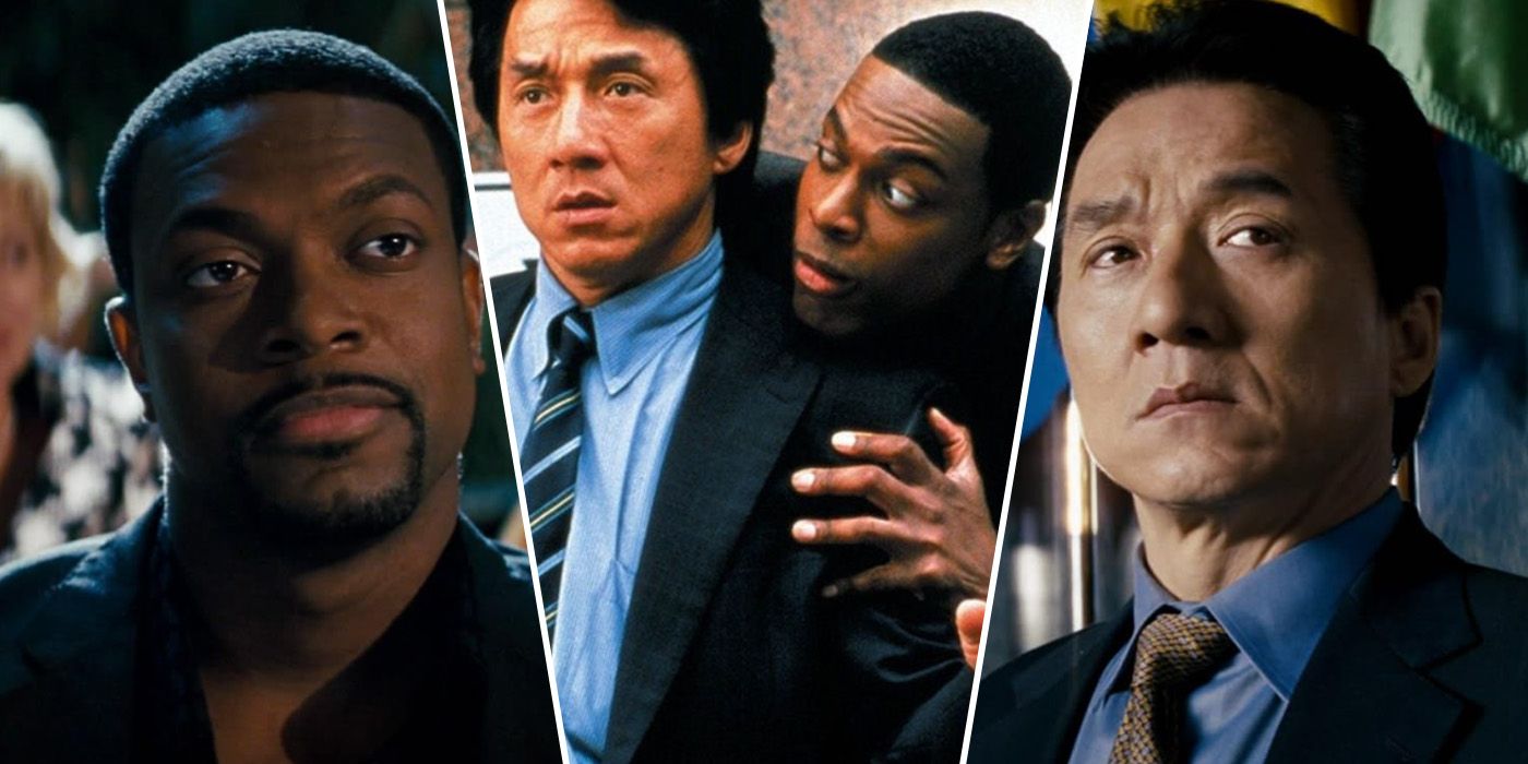 a custom image of Jackie Chan and Chris Tucker in Rush Hour 2, with Tucker hiding behind Jackie and solo shots from rush hour 3