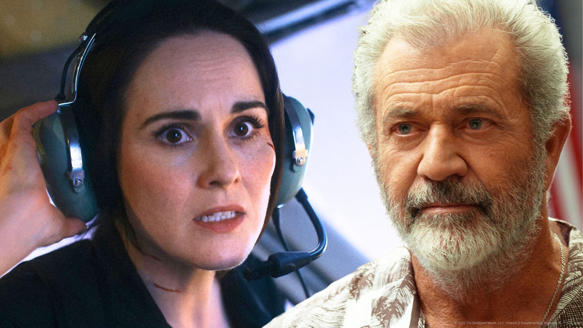 'Flight Risk' Star Michelle Dockery flying the plane with Mel Gibson edited into the image