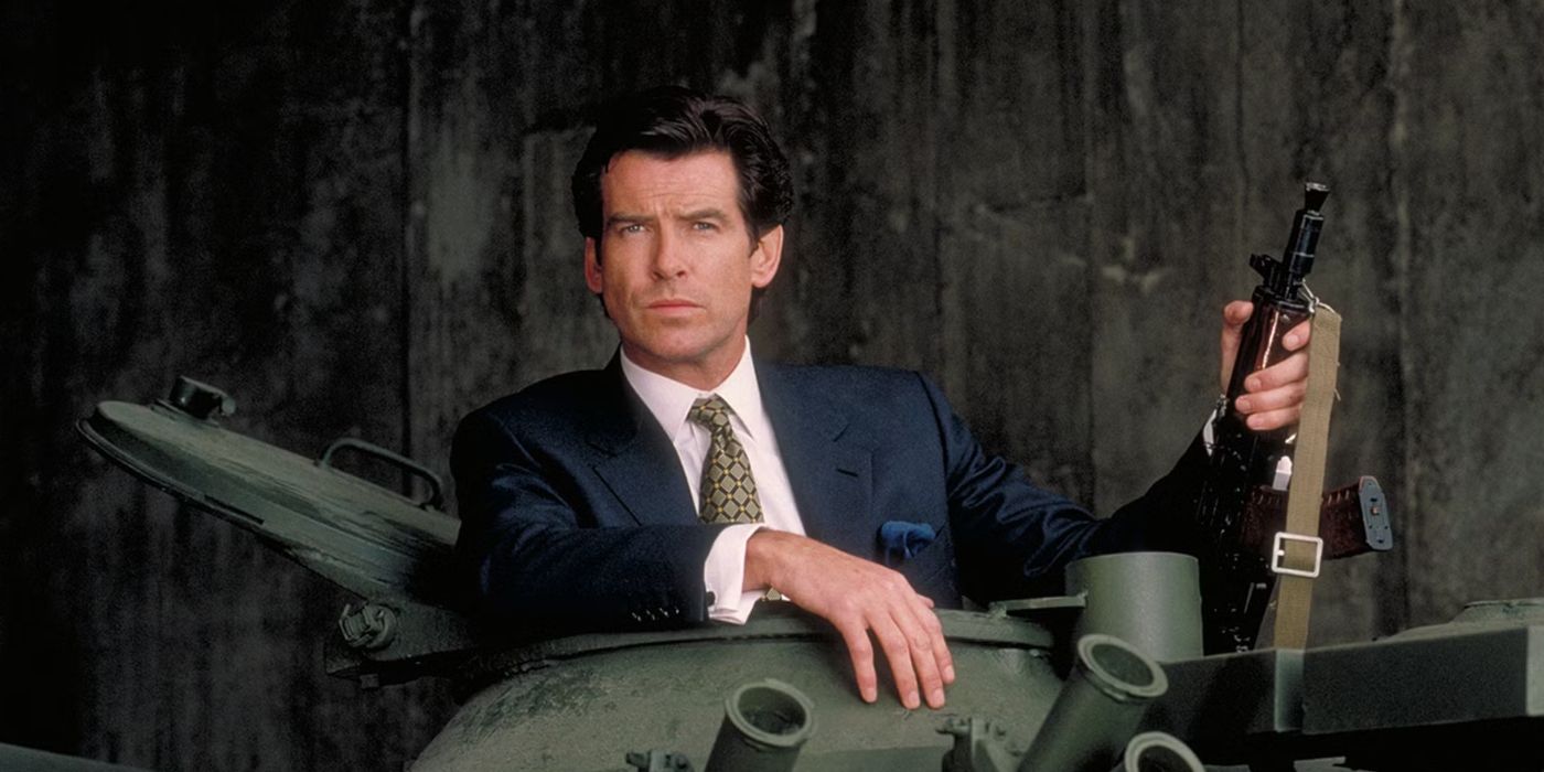 Pierce Brosnan in a tank holding an assault rifle in GoldenEye