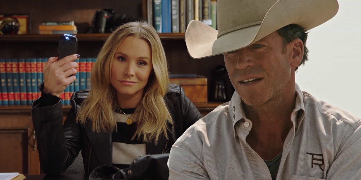 An edited image of Taylor Sheridan in Yellowstone and Kristen Bell in Veronica Mars