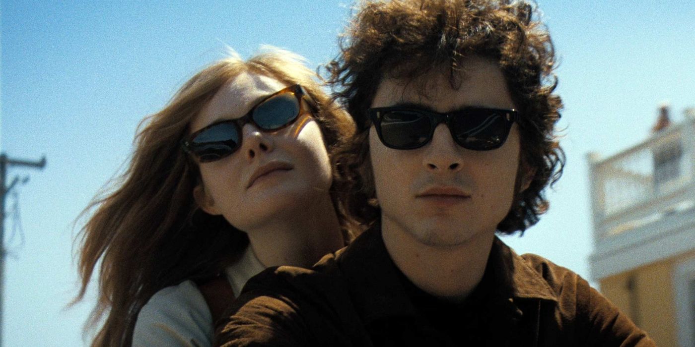 Timothee Chalamet as Bob Dylan and Elle Fanning in A Complete Unknown