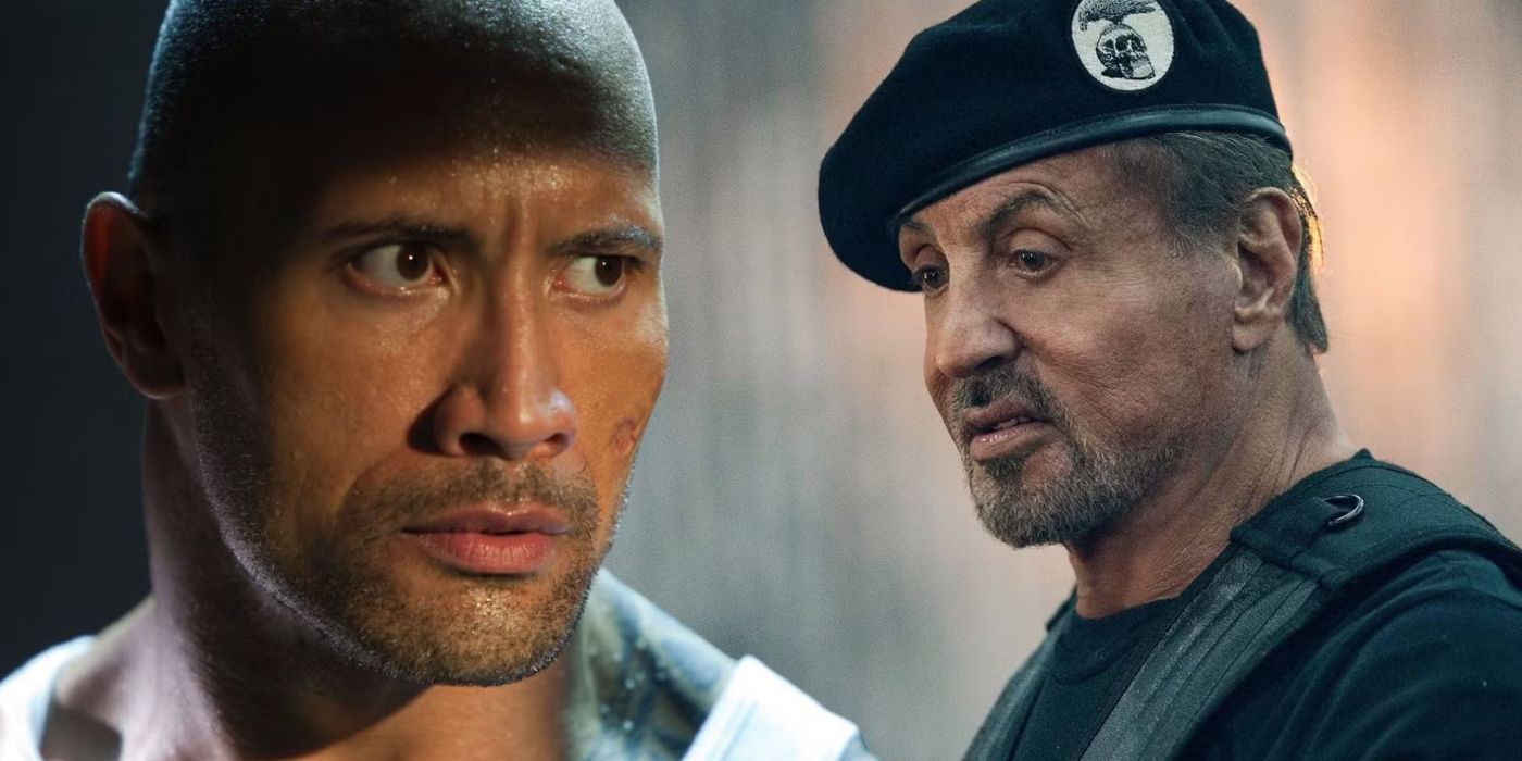 An edited image of Dwayne Johnson and Sylvester Stallone