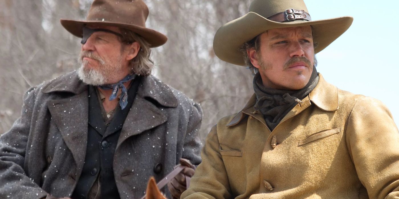 An edited image of Jeff Bridges and Matt Damon in True Grit