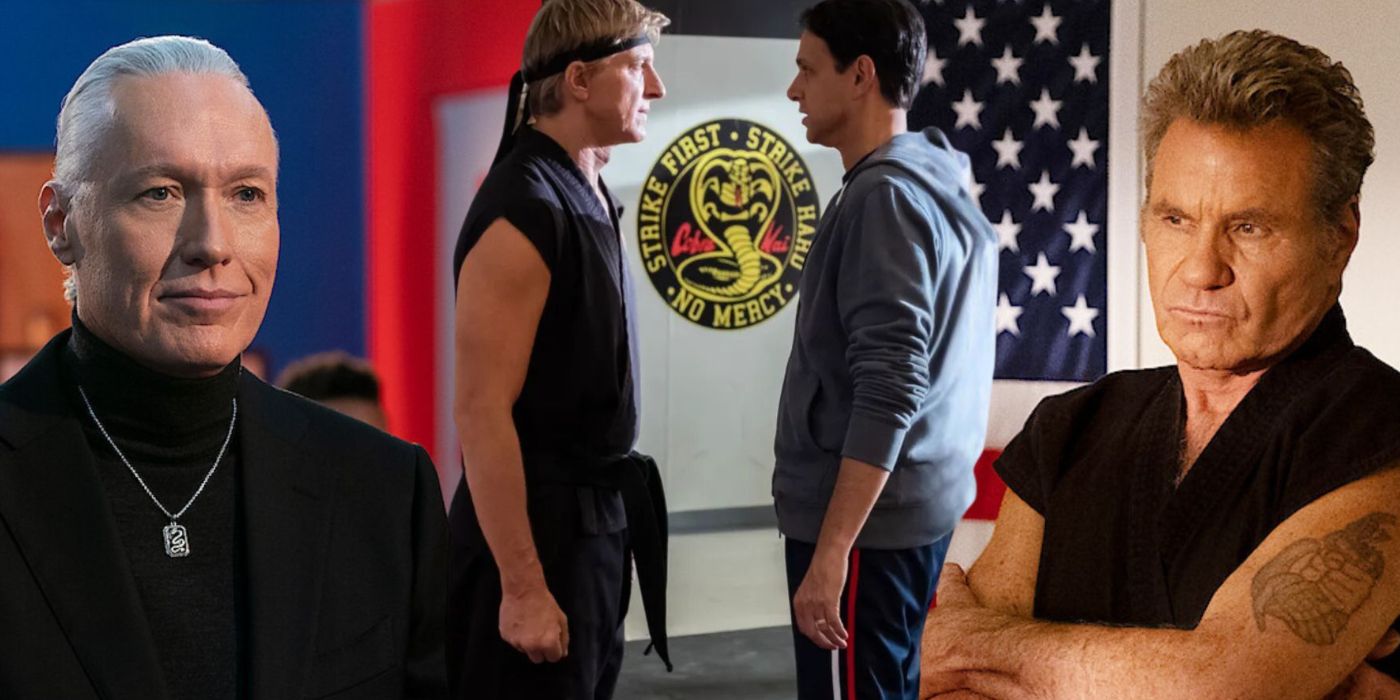 An edited image of the Cobra Kai cast inlcuding Ralph Macchio, William Zabka, Martin Kove, and Thomas Ian Griffith