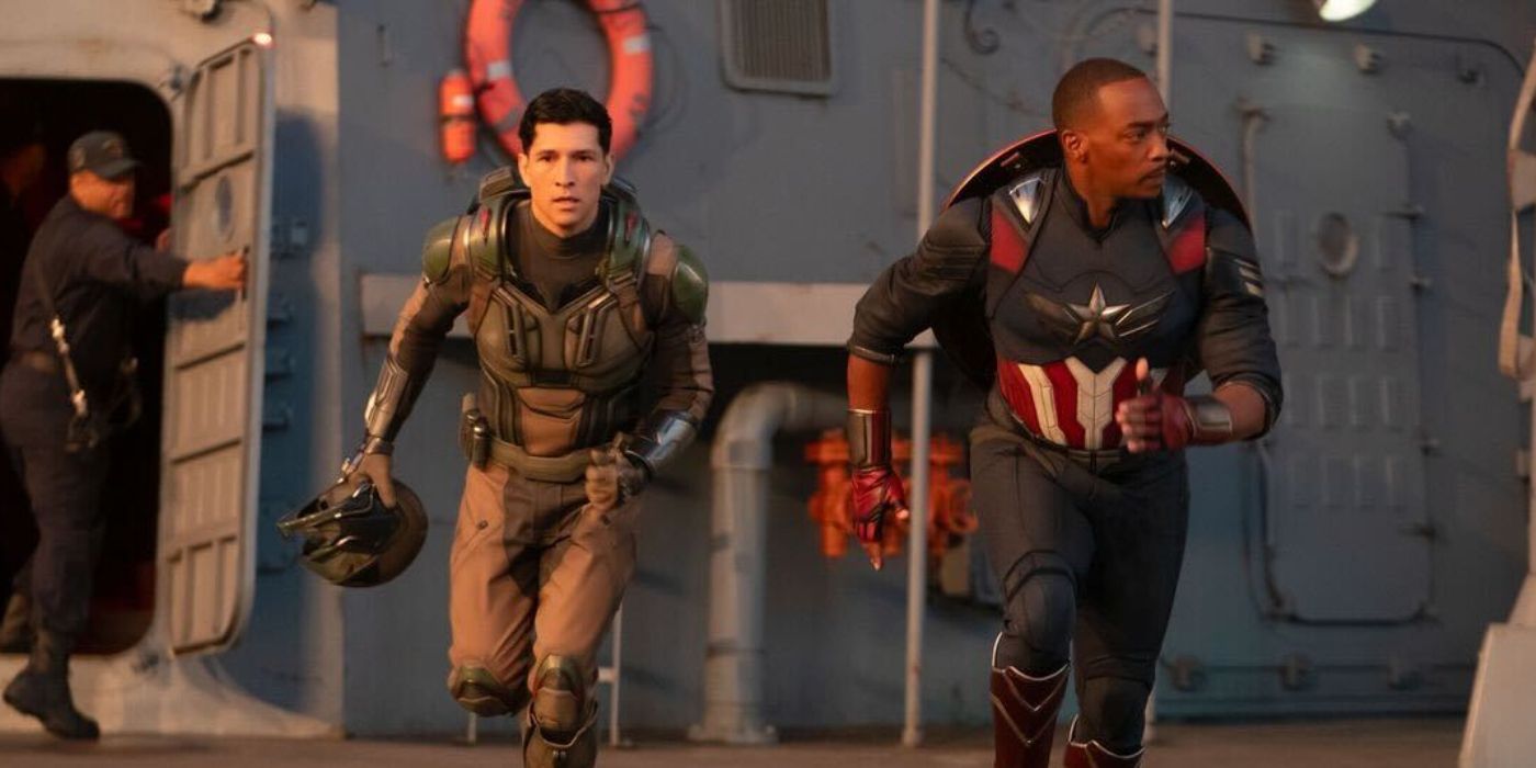 Anthony Mackie and Danny Ramirez running on a ship in Captain America: Brave New World