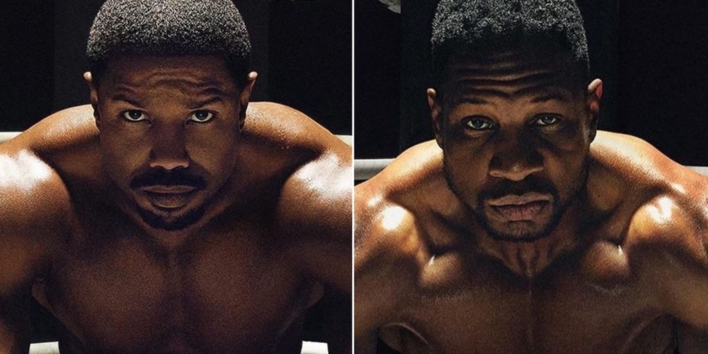 Michael B. Jordan and Jonathan Majors sit side by side in Creed III