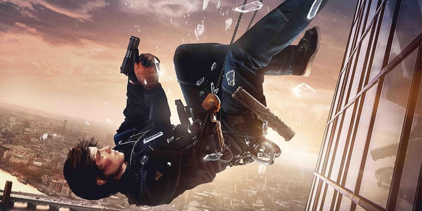 Daisy Ridley as a window washer falling with a gun in the 2025 movie Cleaner