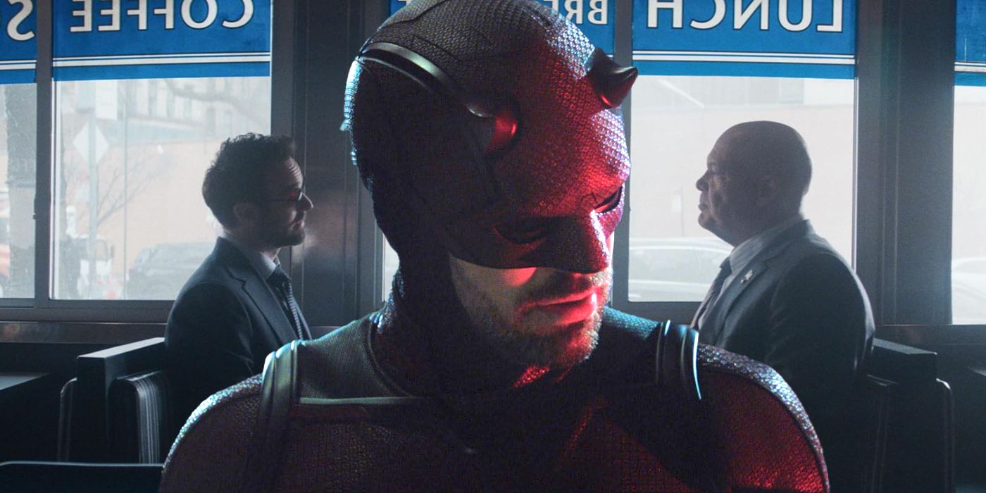 a custom image of Vincent D'Onofrio and Charlie Cox in Daredevil: Born Again (2025) siting across from eachother and charlie cox in costume