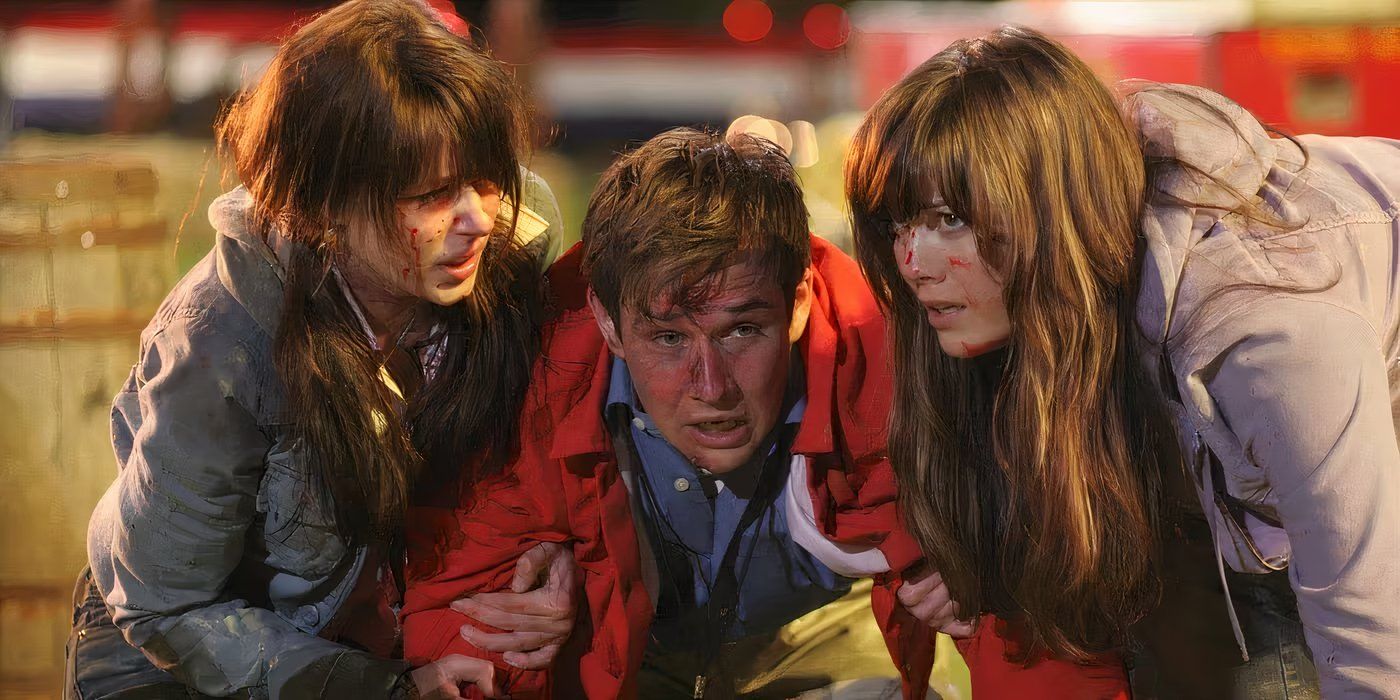 Wendy (Mary Elizabeth Winstead), Kevin (Ryan Merriman), and Julie (Amanda Crew) escaping Death in Final Destination 3.