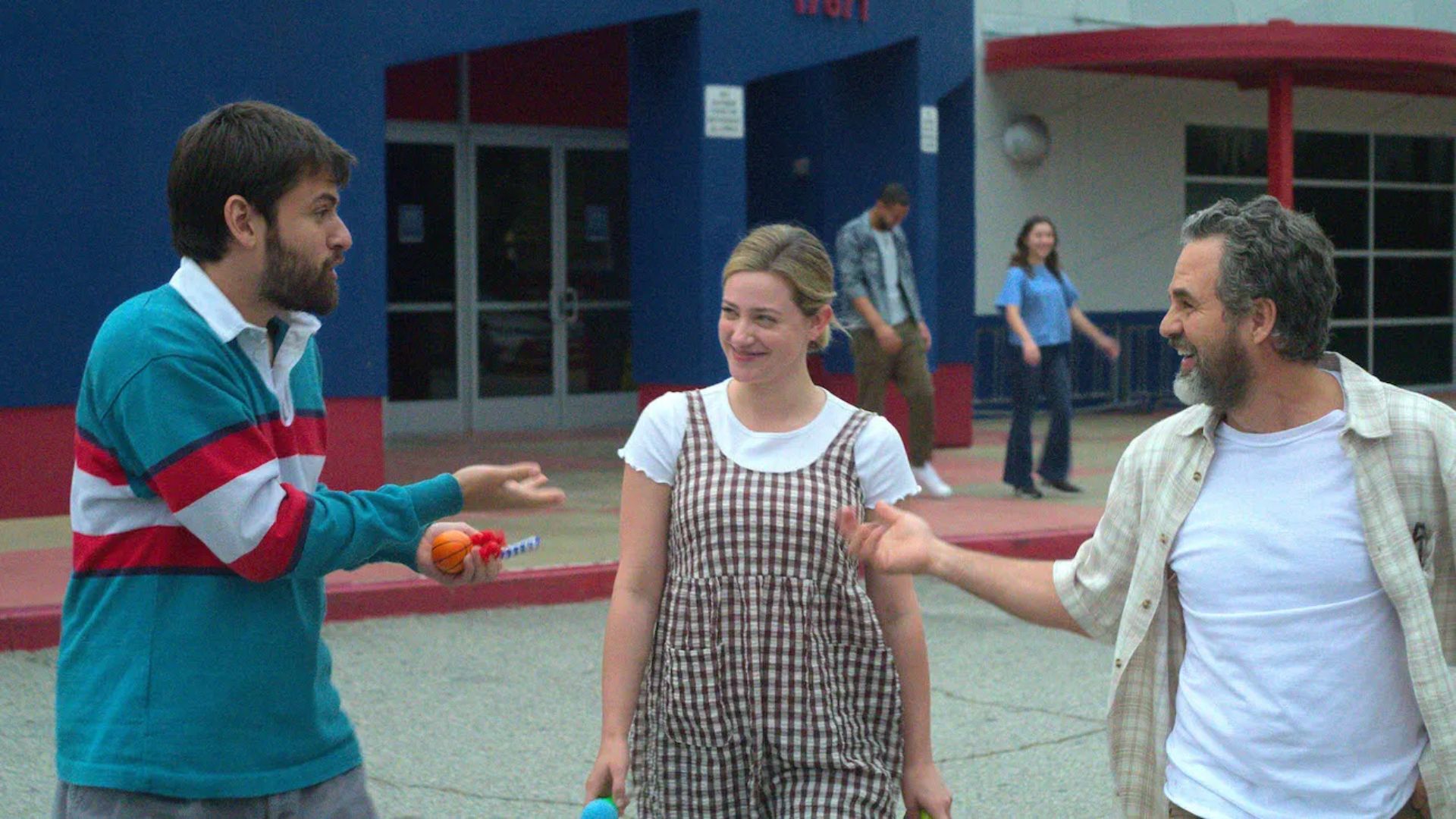 Hal and Harper with Cooper Raiff, Lili Reinhart, and Mark Ruffalo at school