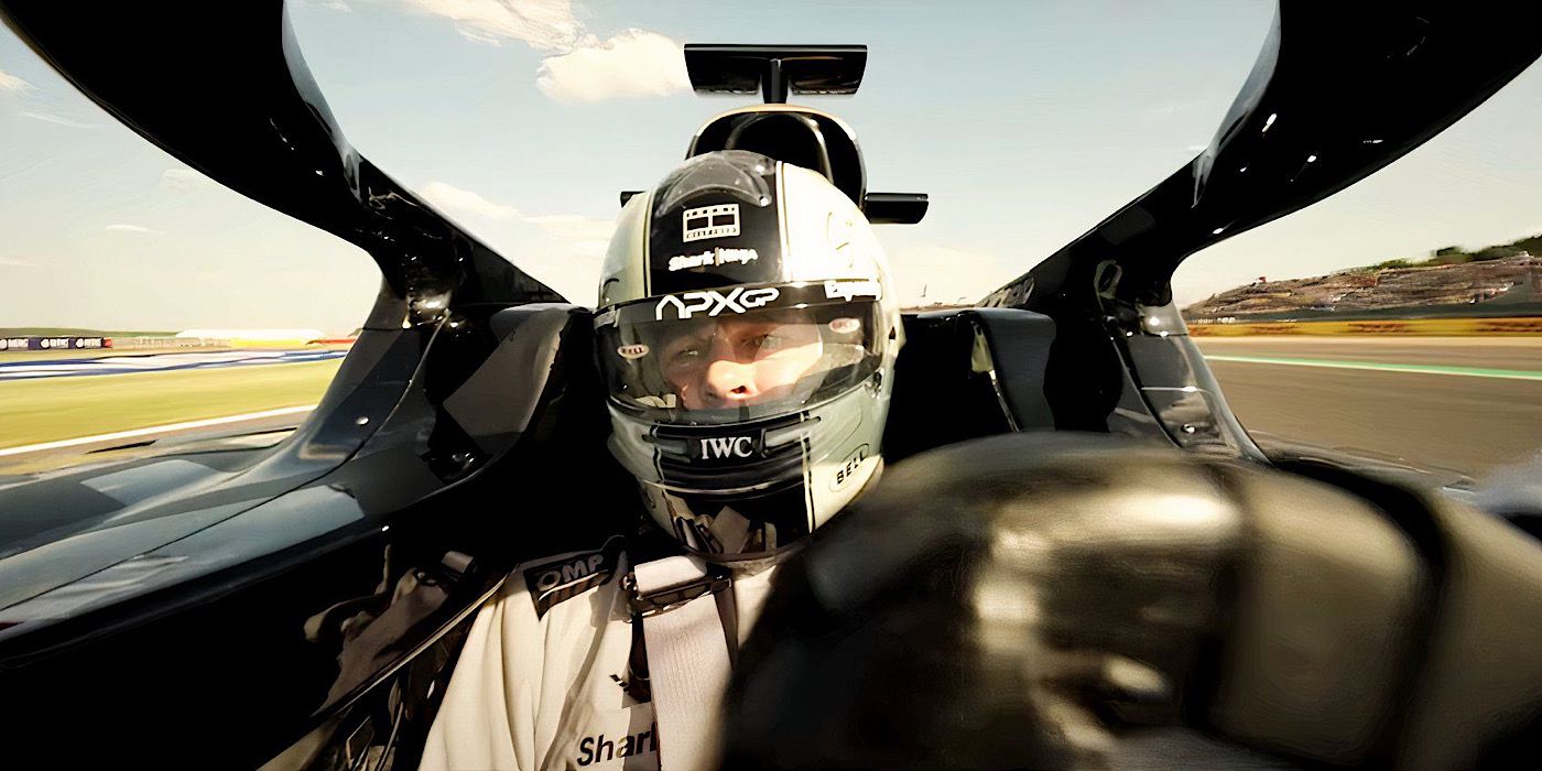 Brad Pitt's Sonny Hayes wearing a helmet while racing around a track in F1