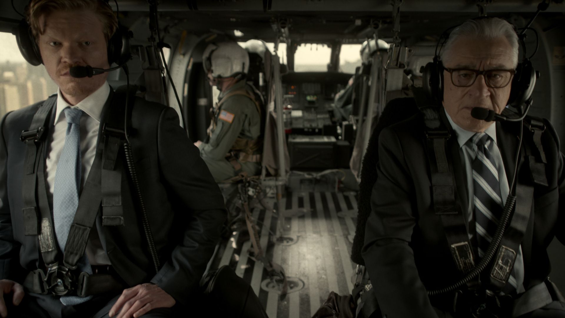 Jesse Plemons as Roger Carlson and Robert De Niro as George Mullen fly in Zero Day on Netflix