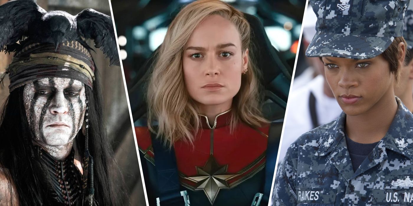 Johnny Depp in 'The Lone Ranger' (2013), Brie Larson in 'The Marvels' (2023), Rihanna in 'Battleship' (2012)