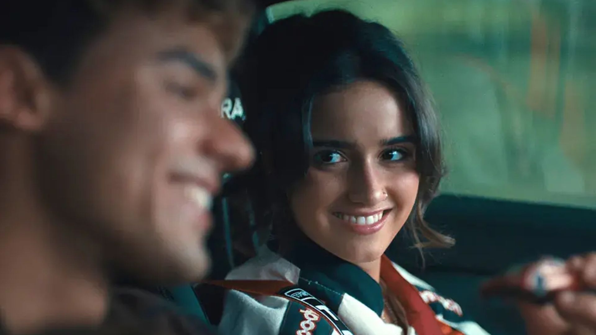 Matthew Broome and Asha Banks as Nick and Noah inside a car My Fault: London