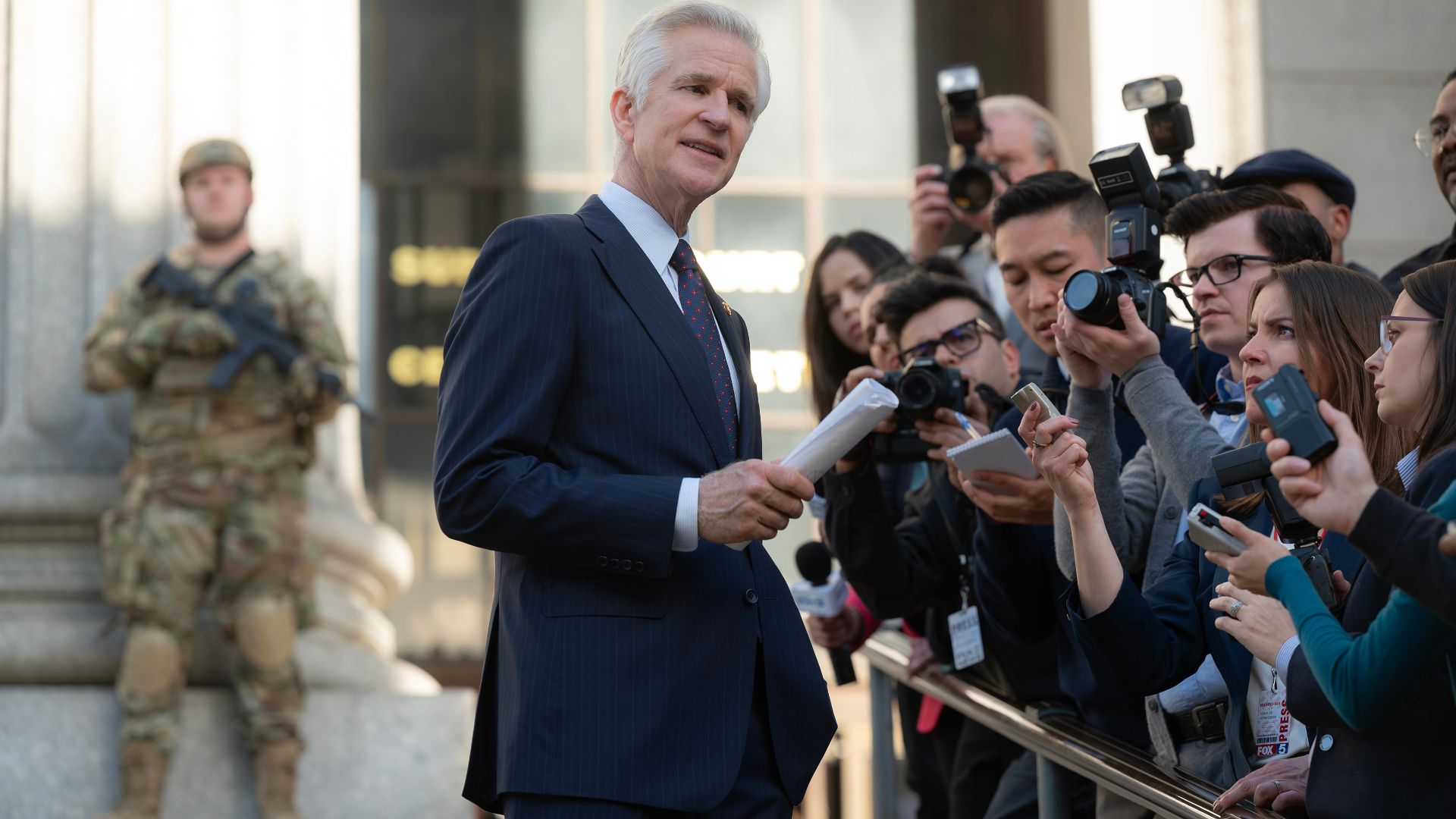 Matthew Modine as the Congressman speaking to the press in the Netflix series Zero Day