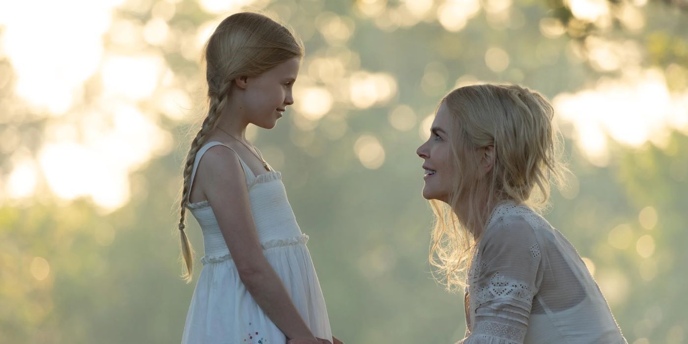 Nicole Kidman talking to a little girl in Nine Perfect Strangers