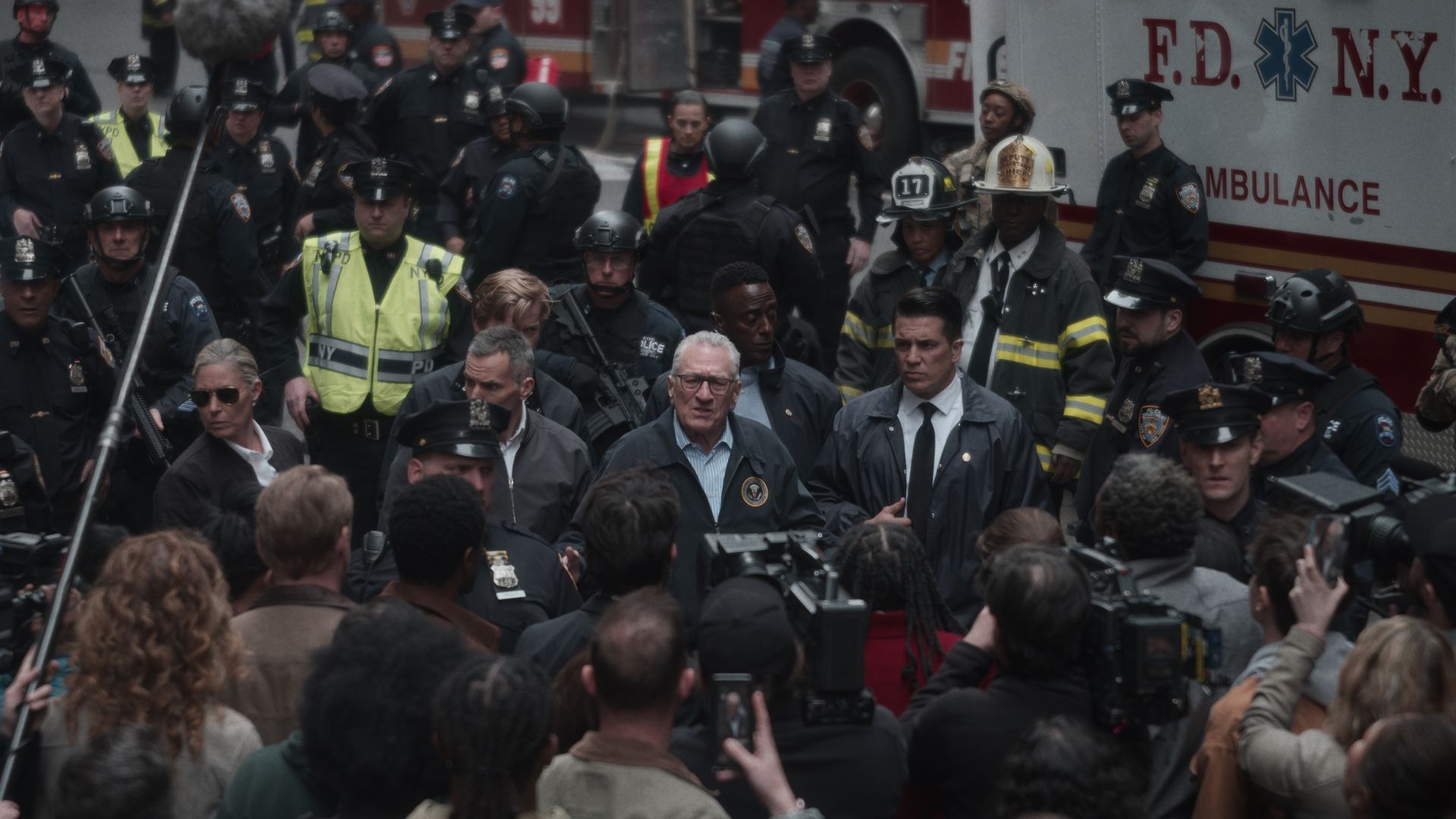 Robert De Niro as George Mullen speaks to an angry crowd in Zero Day on Netflix