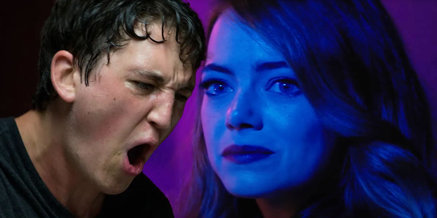 a custom image of emma stone in La La Land looking at ryan gosling and Miles Teller in whiplash screaming while playing the drums