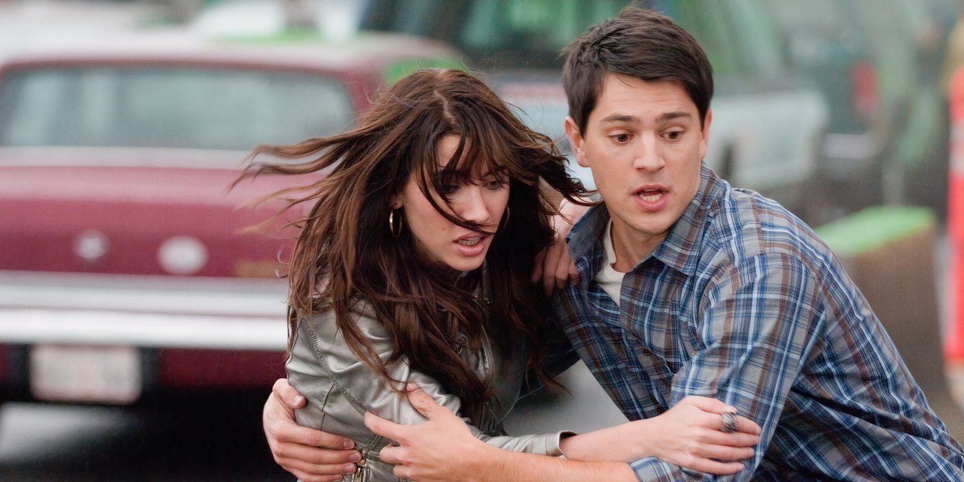 A still from The Final Destination of Nick (Bobby Campo) escaping a race track accident.