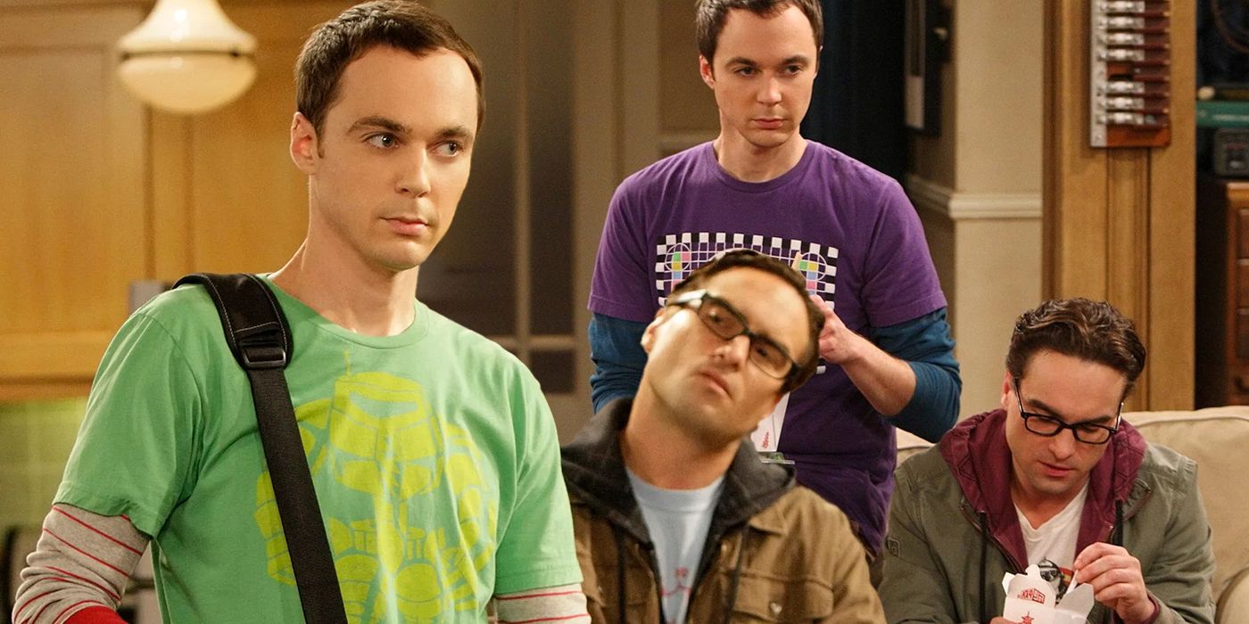 An edited image of The Big Bang Theory cast including Jim Parsons and Johnny Galecki as Sheldon and Leonard