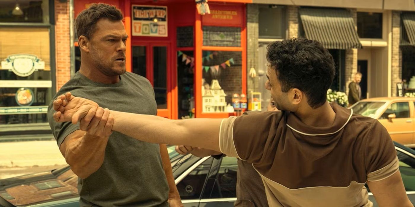 Still from Reacher Season 3 with Alan Ritchson fighting someone