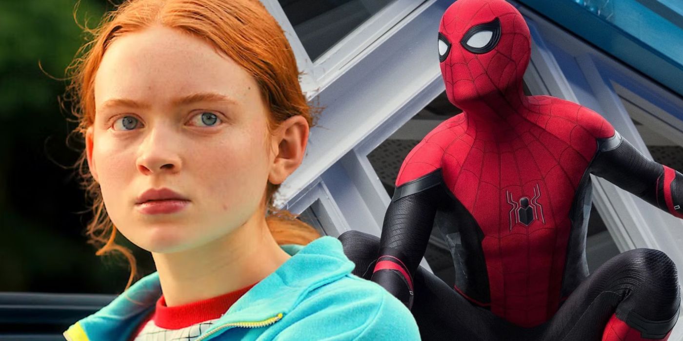 An edit of Sadie Sink in Stranger Things and Tom Holland in Spider-Man Far From Home