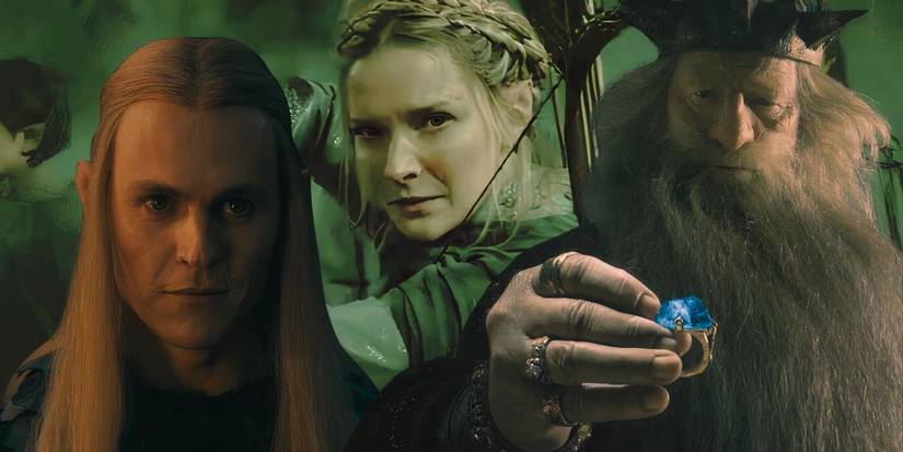 An edited image of Charlie Vickers, Morfydd Clark, and Peter Mullan in The Rings of Power