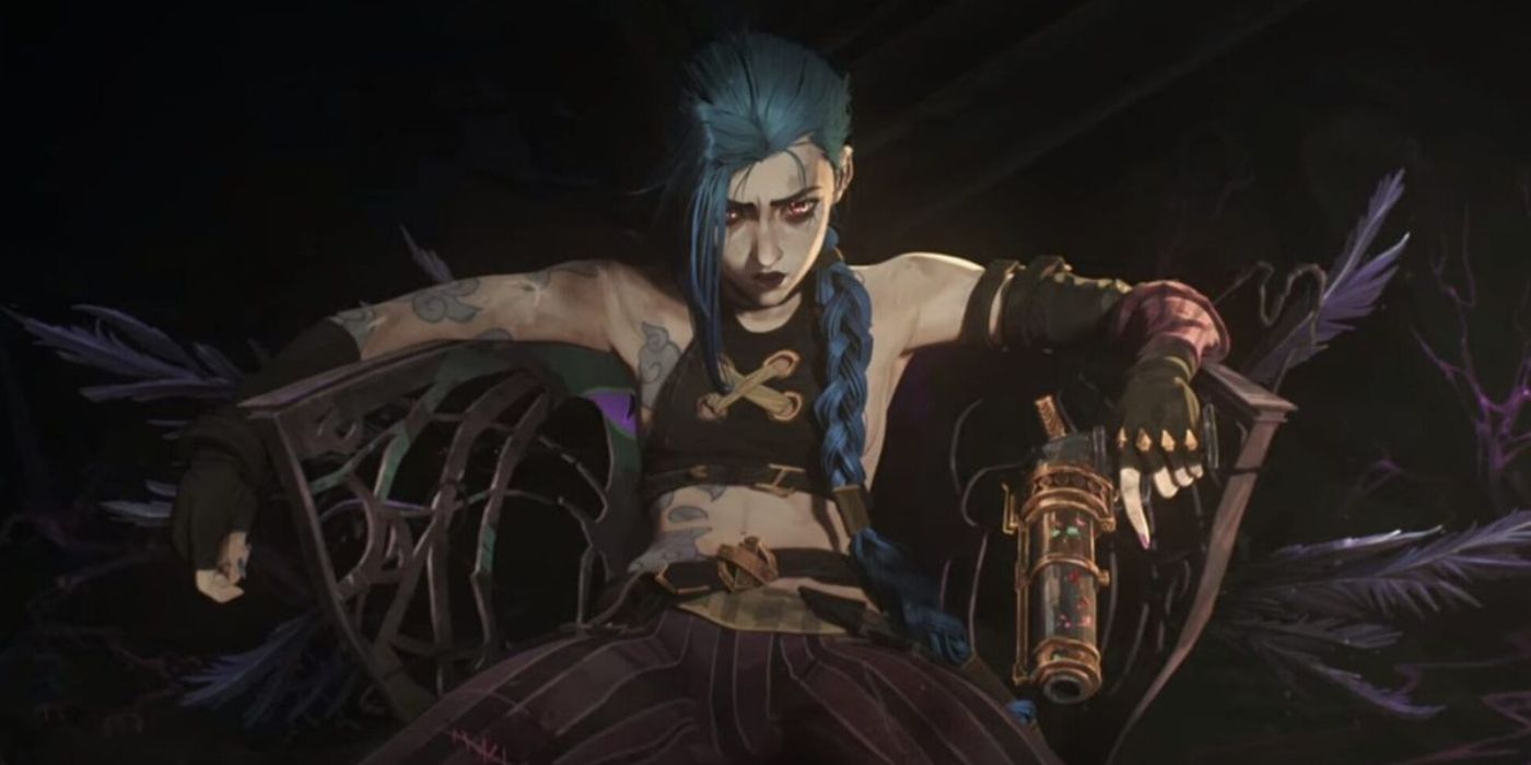 Jinx in Arcane holding a weapon and sitting down