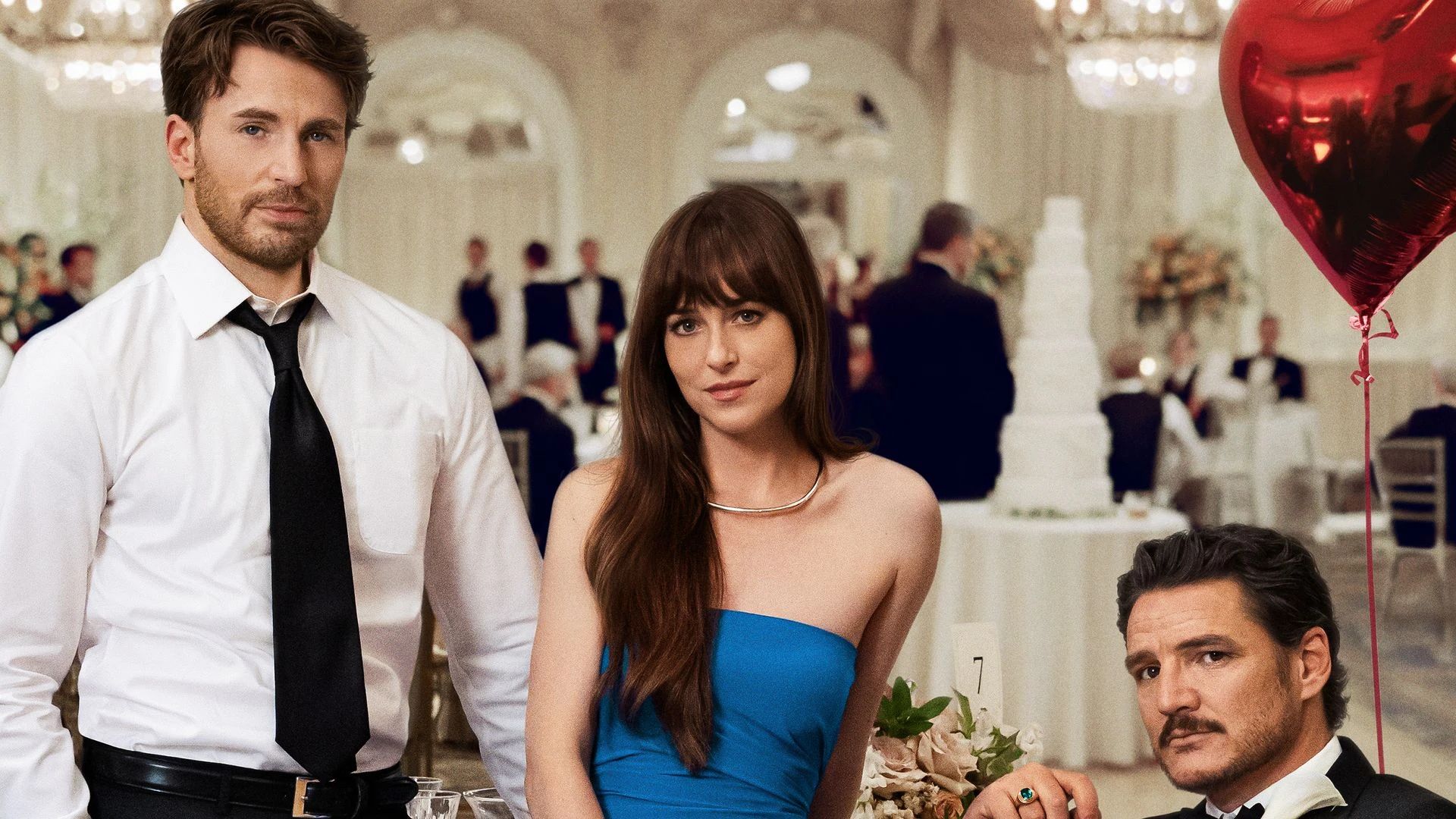 Dakota Johnson, Chris Evans and Pedro Pascal in A24's Materialists