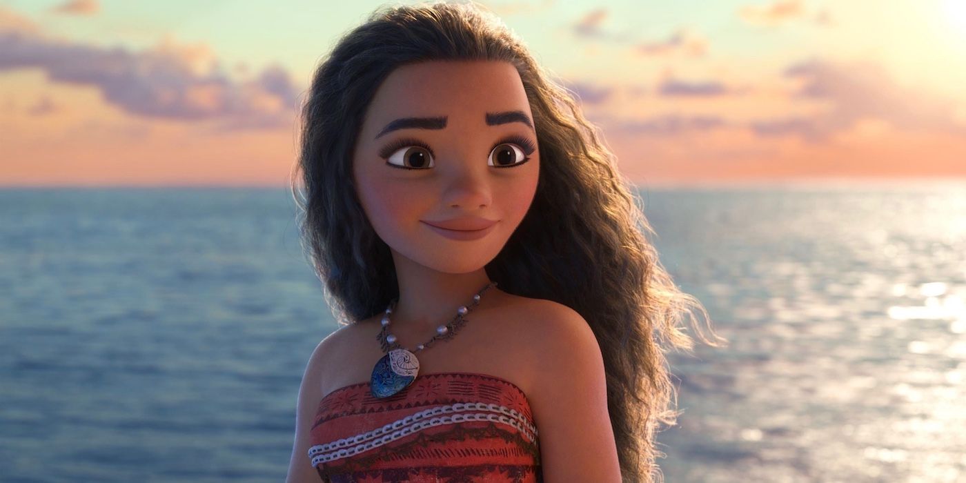 Moana surrounded by the ocean in Disney's 2016 animated movie