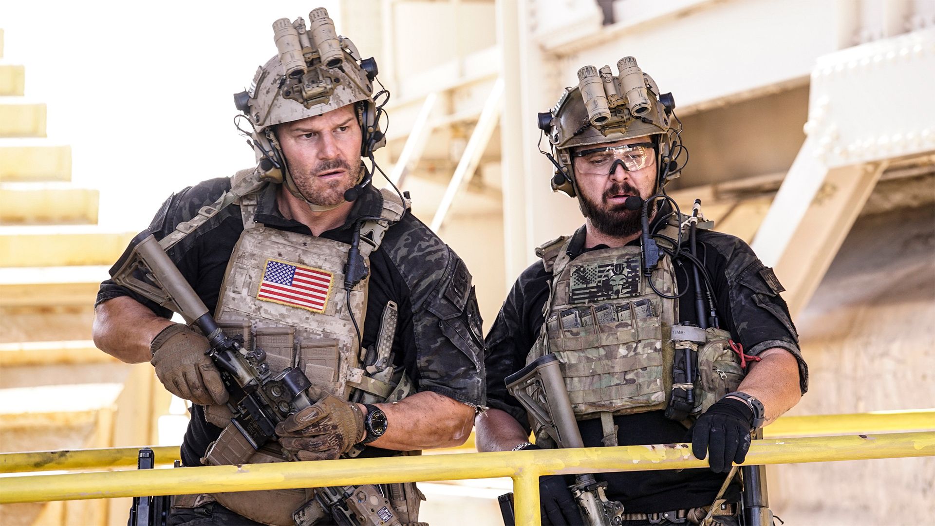 David Boreanaz as Jason Hayes and A.J. Buckley as Sunny Quinn in SEAL Team