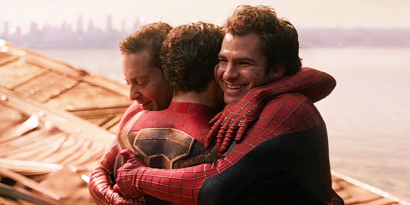 Andrew Garfield, Tom Holland and Tobey Maguire Hugging in 'Spider-Man: No Way Home'