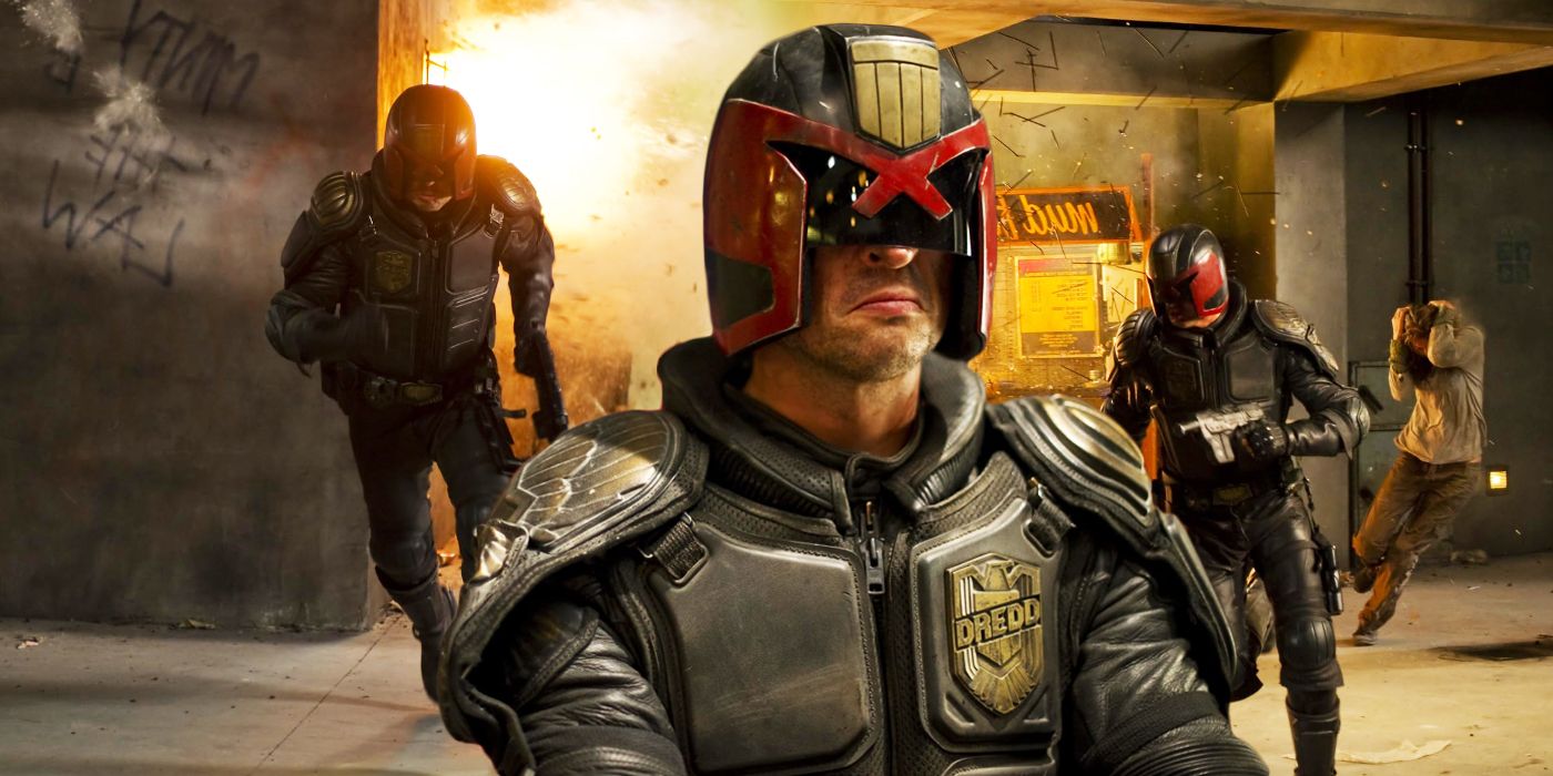 An edited image of Karl Urban as Judge Dredd in Dredd