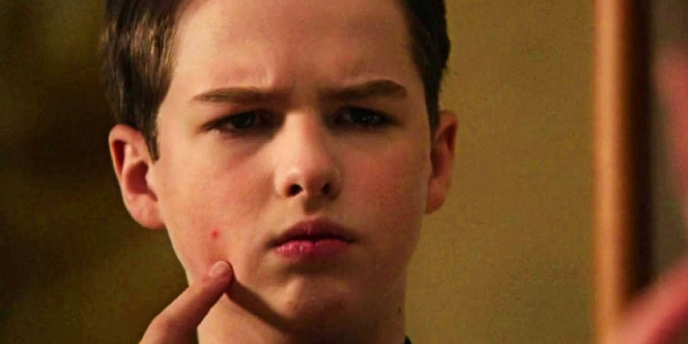 Sheldon points at pimple in Young Sheldon.