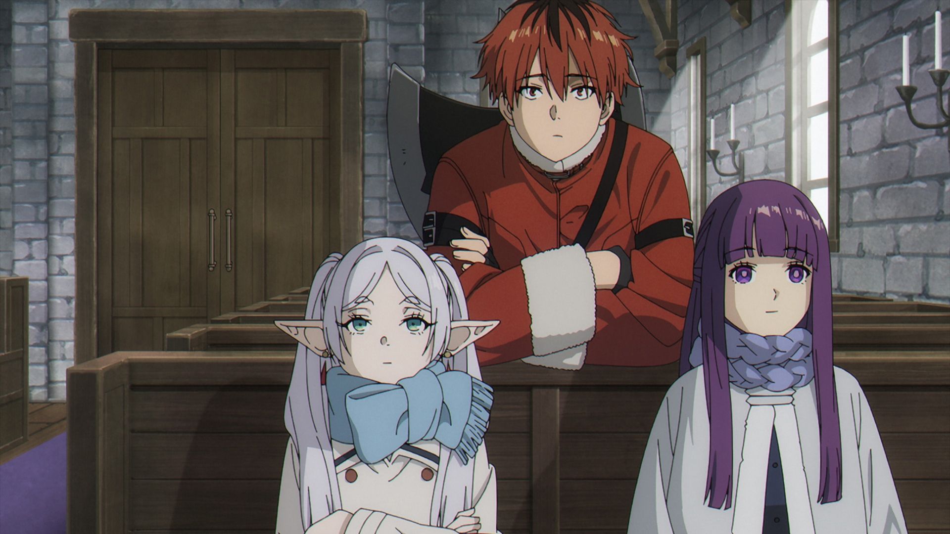Frieren, Fern and Stark sitting in a church in the Netflix anime  Frieren: Beyond Journey's End