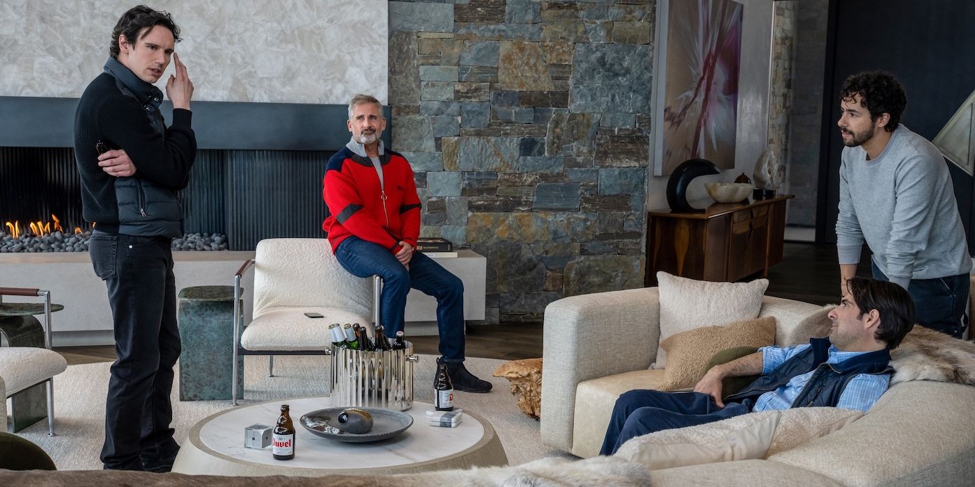 Cory Michael Smith as Venis, Steve Carell as Randall, Jason Schwartzman as Souper, and Ramy Youssef as Jeff in HBO's Mountainhead