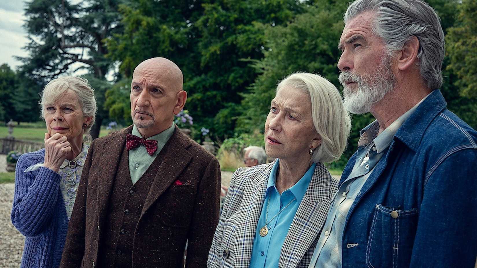 Celia Imrie, Ben Kingsley, Helen Mirren, and Pierce Brosnan in The Thursday Murder Club