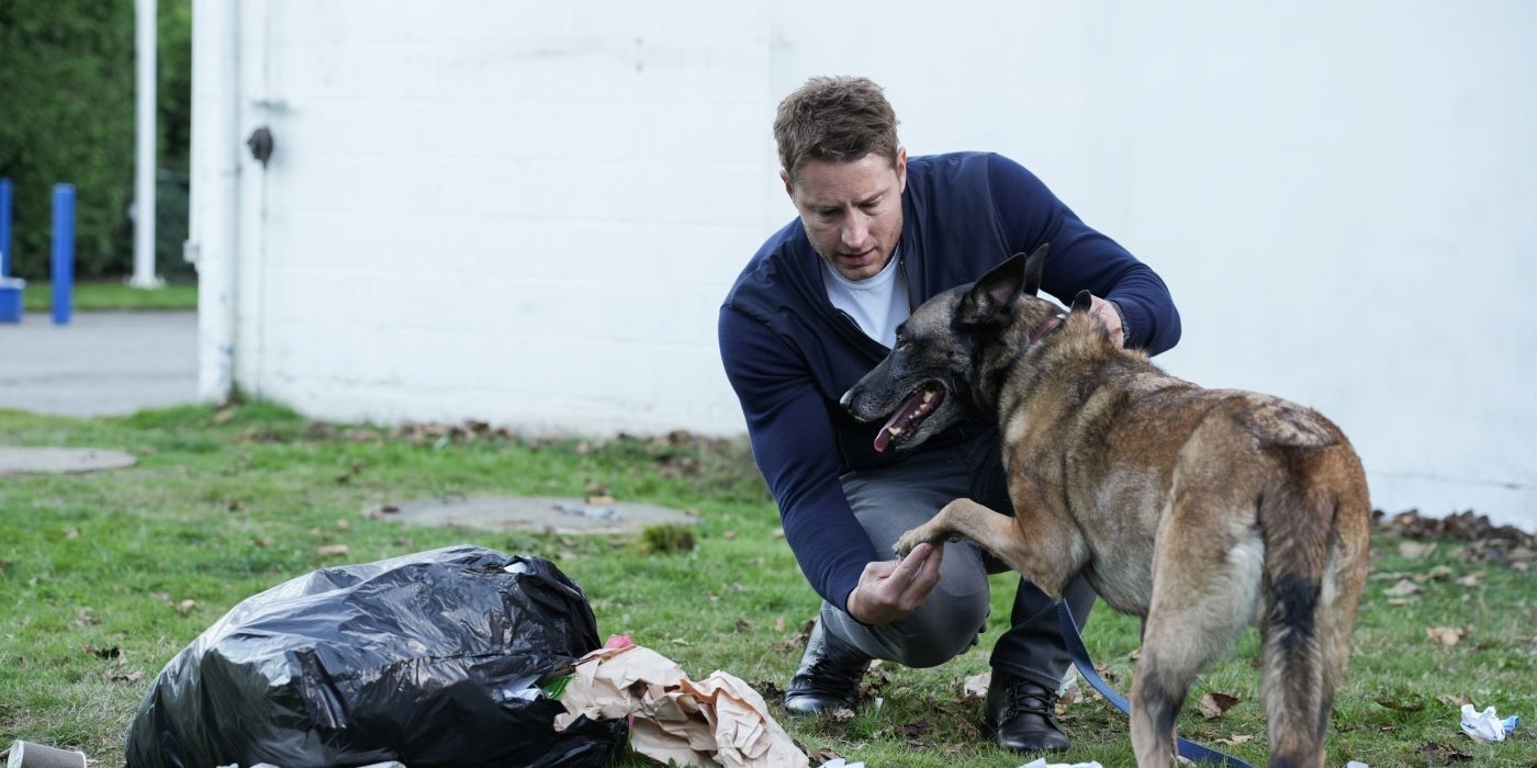 Justin Hartley on Tracker with a dog 