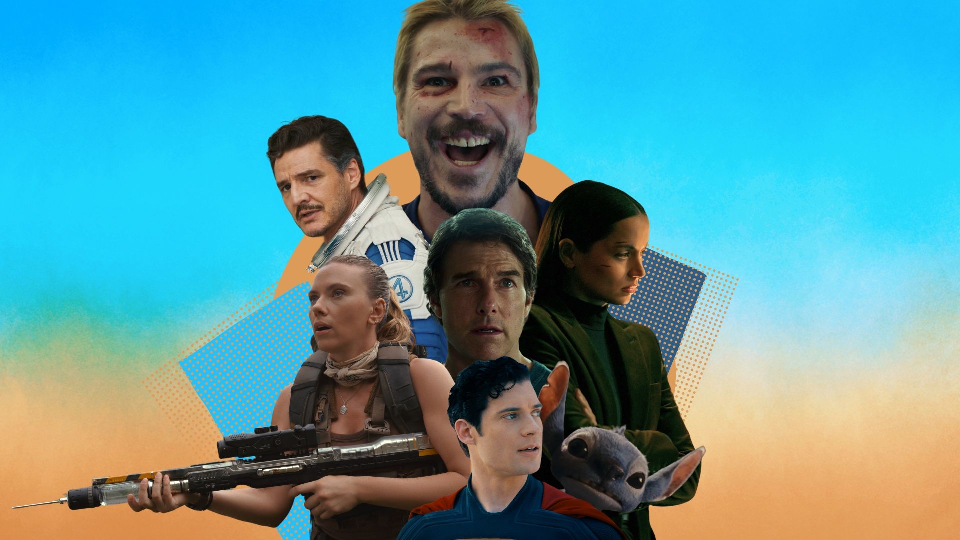 Image collage featuring stills from upcoming summer movies: The Fantastic Four: First Steps, Fight or Flight, Ballerina: From the World of John Wick, Superman, Lilo & Stitch, Mission: Impossible - The Final Reckoning, and Jurassic World Rebirth