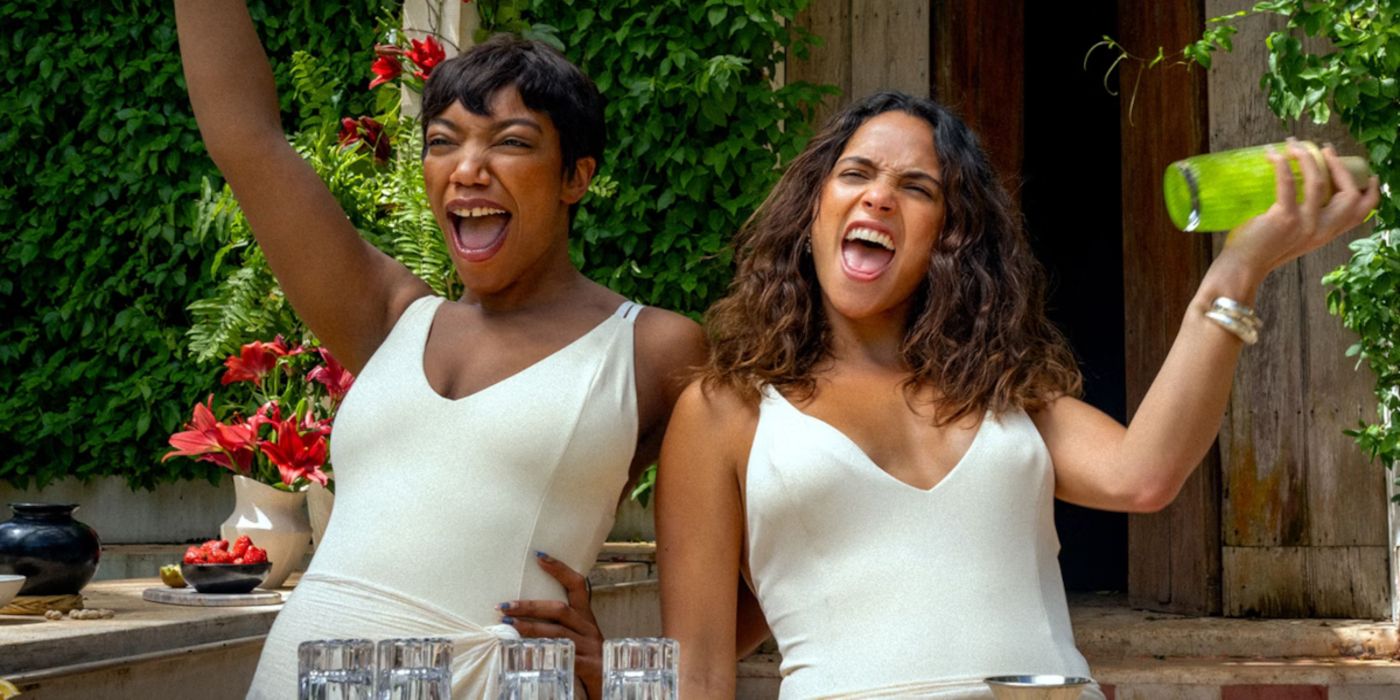 Adria Arjona and Naomi Ackie as Sarah and Frida, making cocktails in Blink Twice