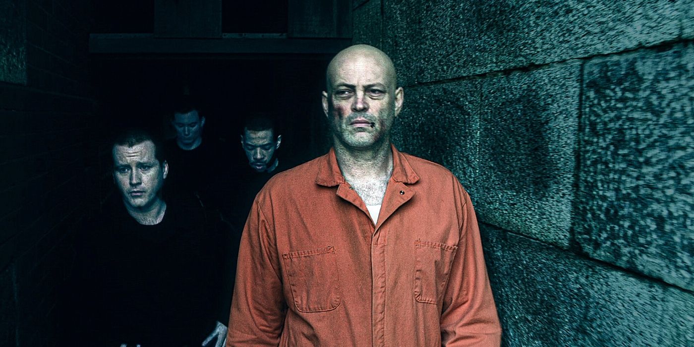 Bradley (Vince Vaughn) being led by prison guards in Brawl in Cell Block 99 (2017)